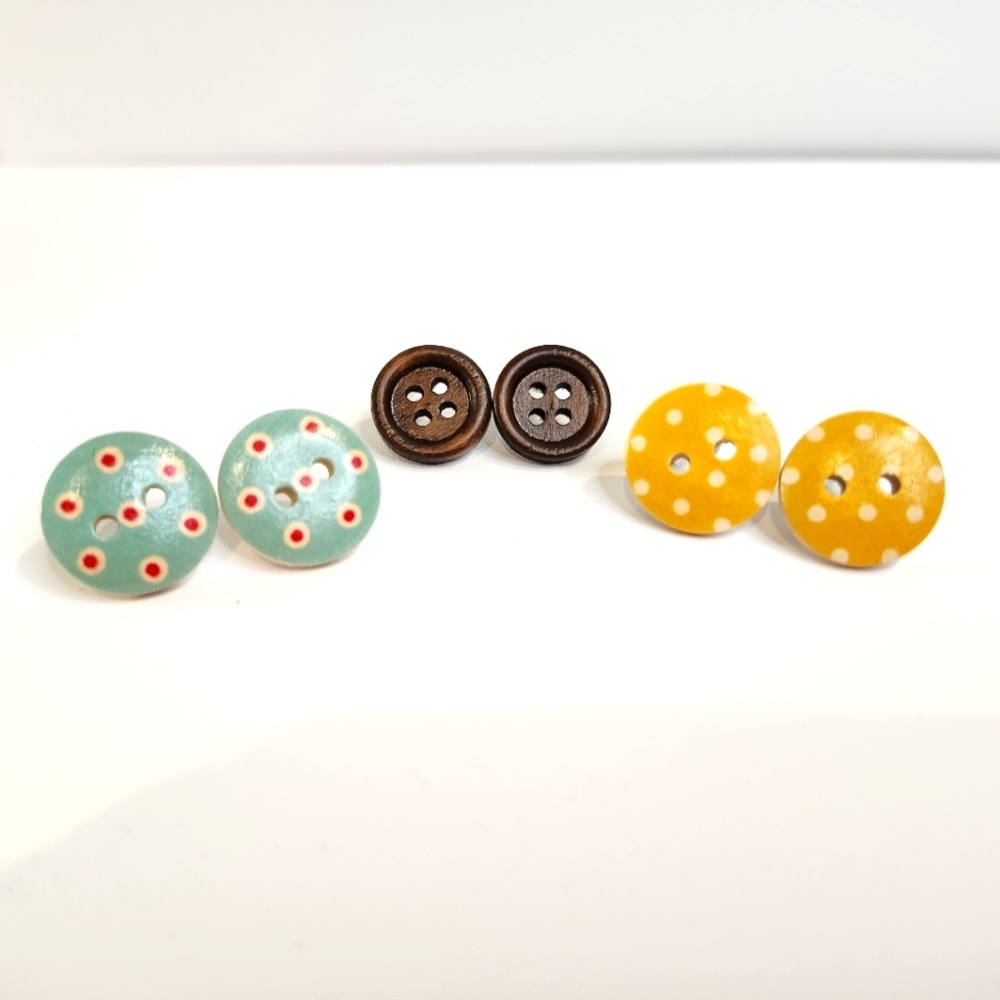 Cute Wooden Button Earrings Set of 3 Studs‎ Yellow Light Blue Polka Dots Artsy